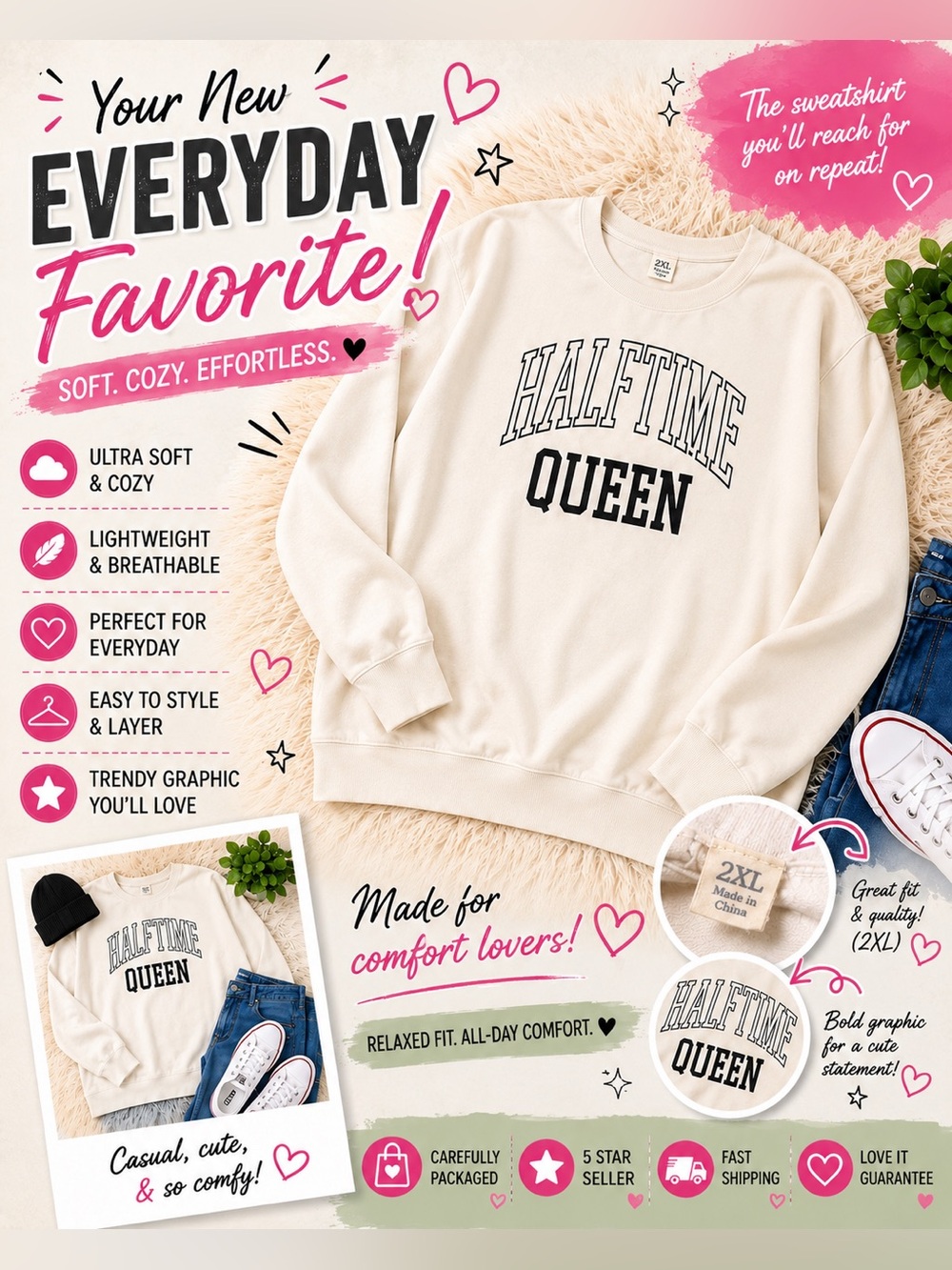HALFTIME QUEEN Cream Graphic Sweatshirt - Unbranded